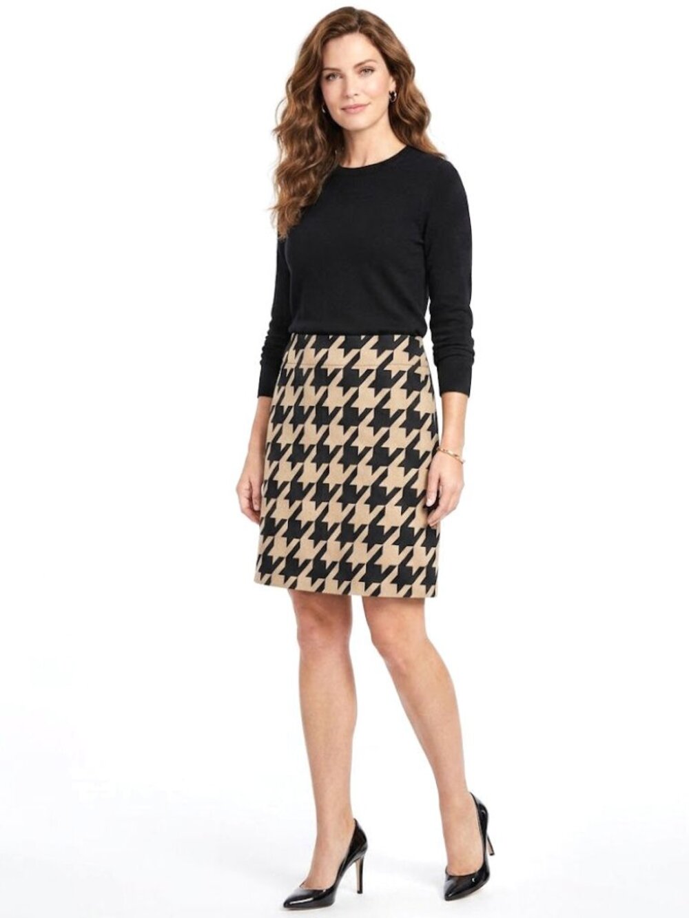 Akris Punto Houndstooth Wool Blend Skirt, Beige Black, Womens Size 8